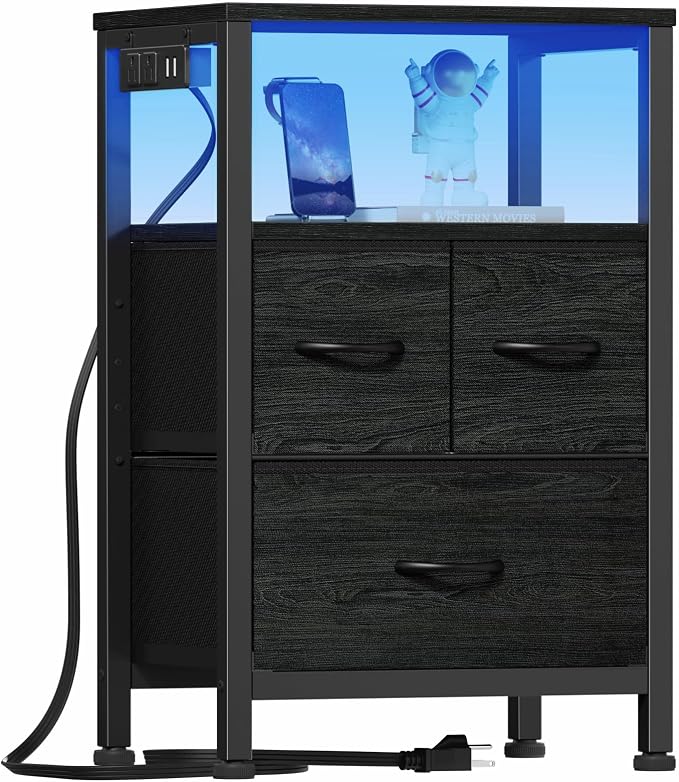 Furnulem Black Nightstand with Wood Shelf, Bed Side Table with Led Light and Charging Station, 25.8 Inch End Table with 3 Fabric Storage Drawers, Small Night Stand for Bedroom Furniture by Furnulem