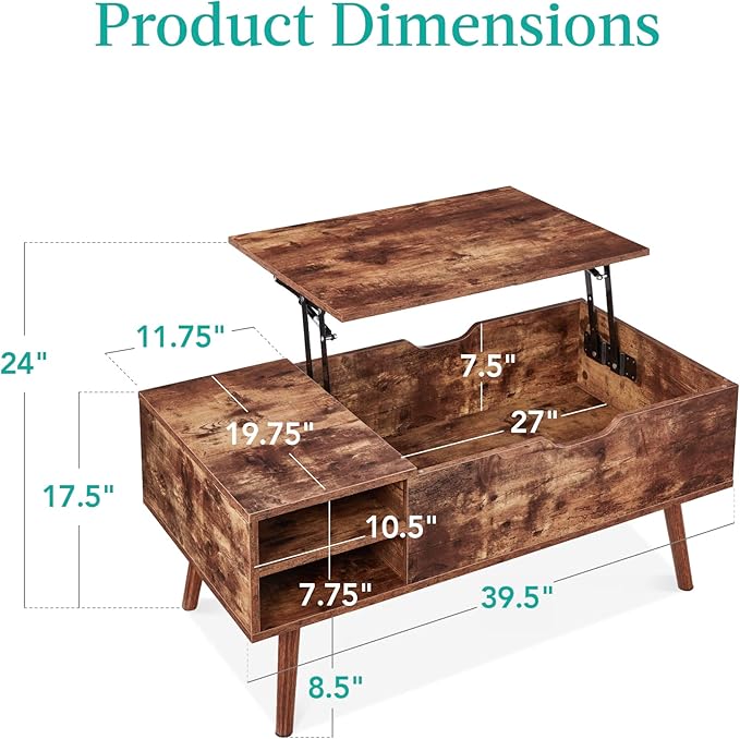 Best Choice Products Lift Top Coffee Table, Wooden Mid-Century Modern Multifunctional Accent Table for Living Room w/Hidden Storage, 2 Cubbies, Removable Shelf - Brown