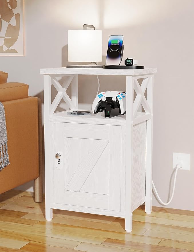 runjuly Wooden Nightstand with Lock, Bed Side Table with Drawers, Bedside Table with Charging Station, 3 USB & 2 Outlets, Night Stand with Storage, End Tables for Bedroom, Dorm, White - Image 2