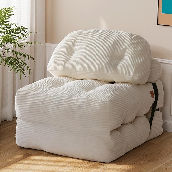Folding Sofa Bed, Convertible Chair Bed with Back Support and Pillow Futon,Foldable Boneless Chair for Living Room/Guest Use/Home Office, Foldable Couch for Adults, Beige