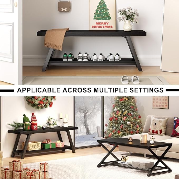 LVB Black Bench, Modern Storage Bench for Bedroom, Wood Metal Entryway Bench for Hallway Dining Living Room, Famrhouse Shoe Rack Indoor Accent Seating Benchs for Foyer Entrance, Black Oak 47 Inch Long - Image 5