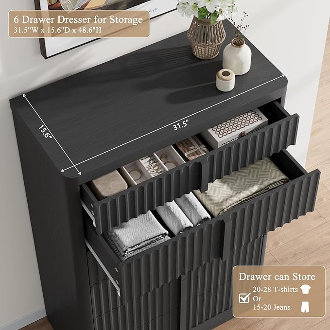 Fluted Dresser and Nightstand 3-Piece Bedroom Set, 49" Tall 6-Drawer Dresser and 2 of 3-Drawer Nightstands with Charging Station, Curved Profile Design, Modern Bedroom Dressers Sets, Black