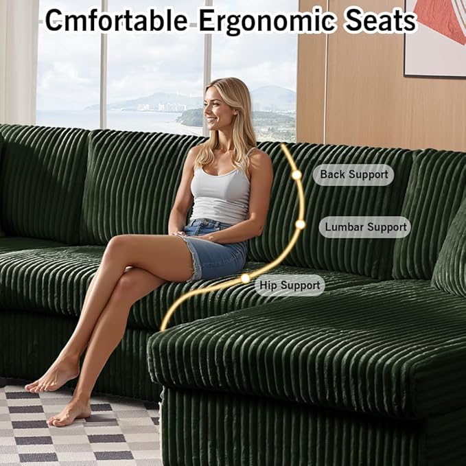 123" U-Shaped Modular sectional Sofa, Two L-Shape Chaise with 2 Cloud Couch sectional with Two Pillows, couches for Living Room (Green)