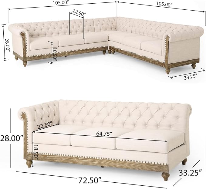 Merax Chesterfield Sofa, Retro Upholstered 6 Seater Rolled Arm Couch for Living Room Bedroom Office, Beige