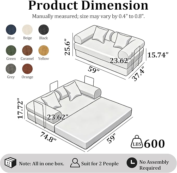 59'' Convertible Compressed Corduroy Folding Cloud Sofa Bed, Modern Boneless Pull Out Loveseat Sleeper in a Box, 4 in 1 Floor Mattress Futon Cloud Couch, No Assembly Needed, Orange, 2 Pillows, Queen