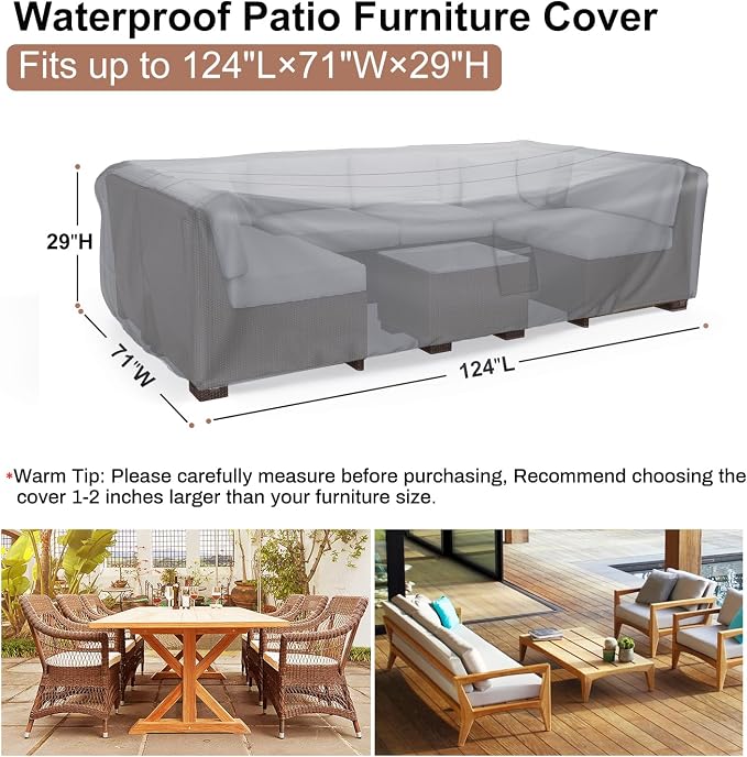 Mrrihand Heavy Duty Patio Furniture Covers, Outdoor Furniture Covers Waterproof Sectional Sofa Set , Patio Table and Chair Set Cover 124"L×71"W×29"H,Grey - Image 2