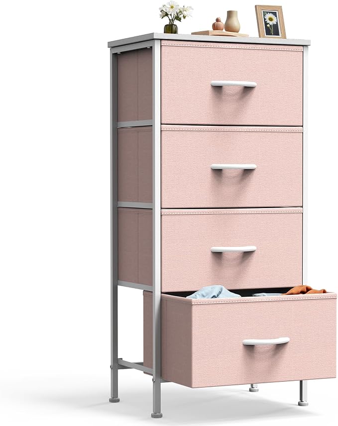 DUMOS Nightstand with 4 Drawers Bedside Table with Removable Fabric Bins Sturdy Steel Frame Wood Top Organizer Furniture for Bedroom Closet Living Room,Pink by DumosLifestyle