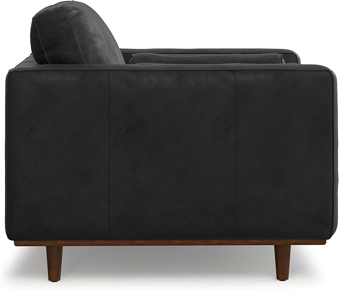 SIMPLIHOME Morrison Arm Chair - 42 inch Wide Upholstered Genuine Leather Mid-Century Modern Accent Chair in Lead Black with Solid Wood Legs, Reversible Bolster Pillows and Reclined Back