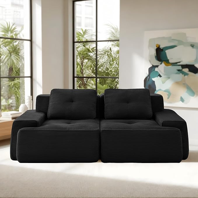 Casaphoria 80'' Corduroy Couch Sectional, 2 Seater Boneless Couches for Living Room, Black Modular Cloud Sofa with 2-Pillow, Extra Deep Seat Sofa with No Assembly