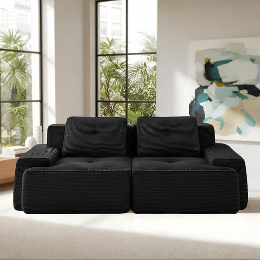 Casaphoria 80'' Corduroy Couch Sectional, 2 Seater Boneless Couches for Living Room, Black Modular Cloud Sofa with 2-Pillow, Extra Deep Seat Sofa with No Assembly
