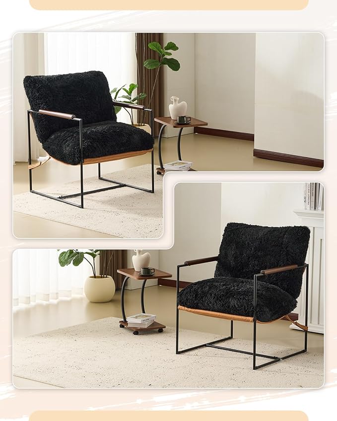 Karl home Modern Accent Chair Plush Fleece Upholstered Living Room Chair with Metal Frame Wooden Armrest Comfy Lounge Armchair for Living Room, Bedroom, Balcony, Reading Room, Black