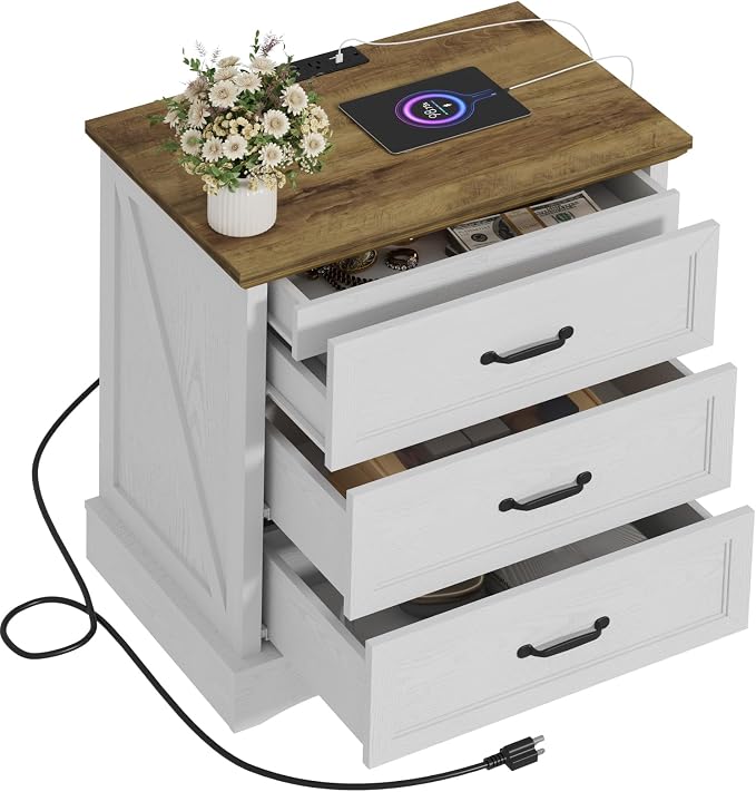 Farmhouse Nightstand Set of 2 with Charging Station and Hidden Drawer, 23.6" W Bedside Table with 4 Drawers, Night Stand for Bedroom, Home Office, White & Brown - Image 9