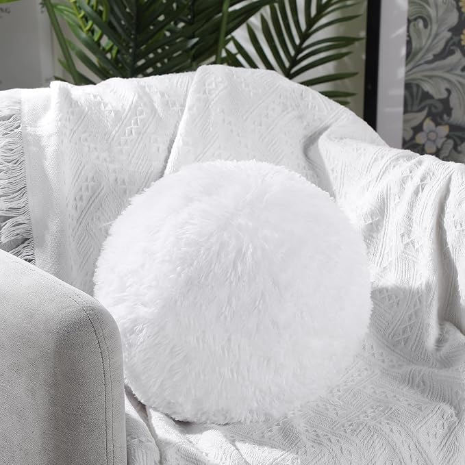 2 Pieces Plush Ball Throw Pillow Round Pillow 10 Inch Soft Circle Pillow Decorative Ball Pillow Spherical Fuzzy Pillows for Bedroom Living Room Office School Couch Chair Bed Decorations (White)