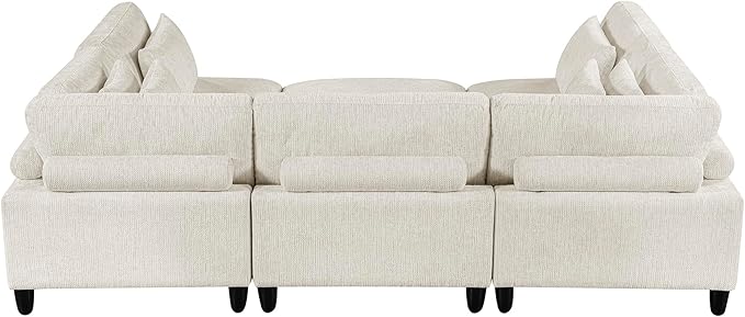 Lexicon 120 Inch Modular Sectional Sofa - Oversized 6 Seater Microfiber L Shaped Sectional Couch with Ottoman, 7 Accent Pillows, and Flexible Arrangement for Modern Living Rooms, Beige