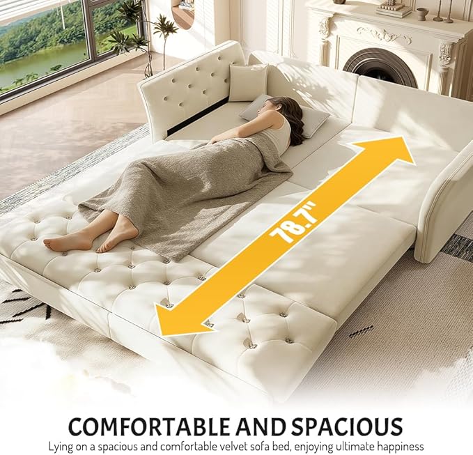 ERYE 3-in-1 Foldable Sleeper Sofa Bed Velvet Fabric Loveseat Sofabed, 74-Inch Queen Loveseat Convertible Pull Out Sleeper Couch Bed with Flower Tufted Accent, Easy Assemble