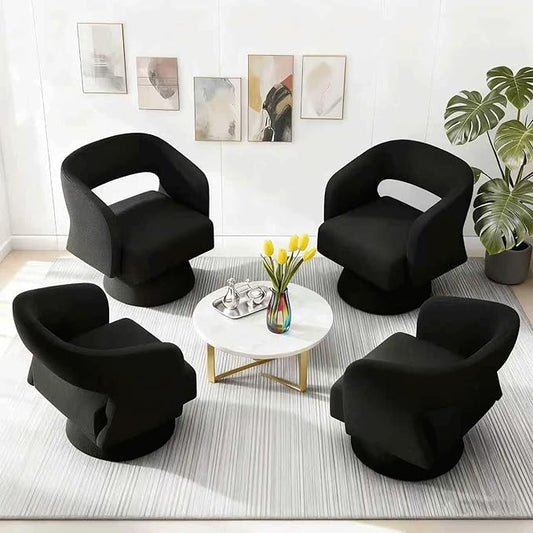 ClinQ Swivel Barrel Accent Chair, Oversized Teddy Upholstered Round Swivel Chairs Set of 4, Modern Luxury 360° Living Room Vanity Chair for Bedroom Office&Living Room, Black