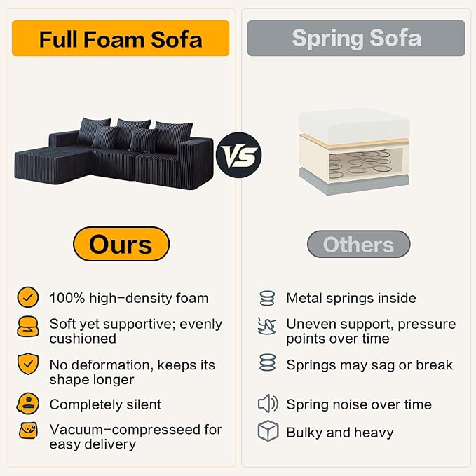 Boneless Sectional Sofa, 101" Cloud Sofa with Wide-Wale Corduroy, Deep Seat L Shaped Couch, All-Foam Filled Compressed Couch for Living Room (Black, Corduroy)