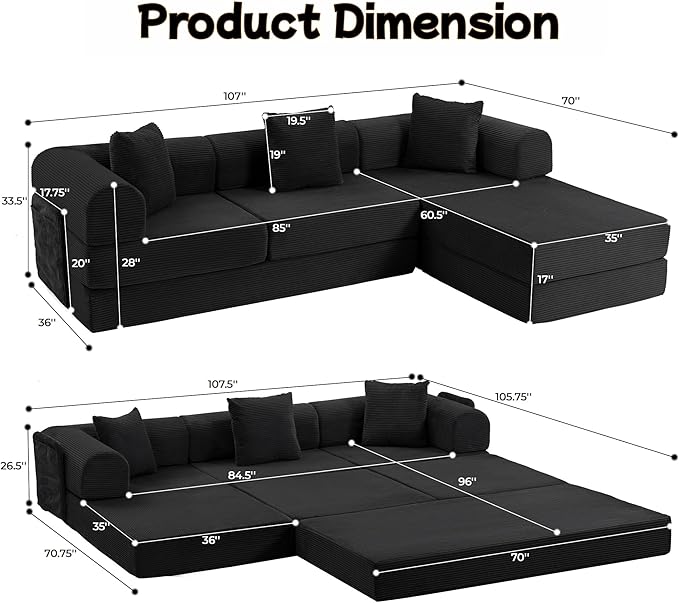106.3" L Shape Convertible Sleeper Sofa Bed, Oversized Modular Sectional Cloud Sofa with Fixed-Shape Frame & Storage Pocket, Boneless Couch for Living Room, No Assembly Required, Black