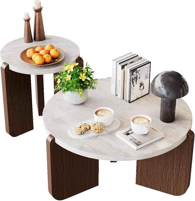 COSIEST Modern Round Coffee Table & Side Table Set, Faux Marble Wood Top, Walnut & Cream White Legs, Minimalist Living Room Center & Accent Table(2 PCS)