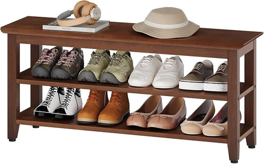 Wood Shoe Bench for Entryway,Bench with Shoe Rack,Storage Shoe Organizer for Hallway,Living Room,Bedroom (Brown, 39.37''W×11.81‘’D×17.71‘’H) by Furshus