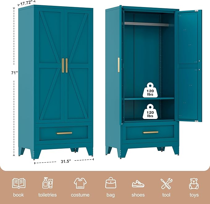 LCAOPC 71" Tall Metal Wardrobe Cabinet with Drawer and Hanging Rod, 2 Doors Armoire Wardrobe Closet with Shelf for Bedroom, Office, Laundry Room, Blue