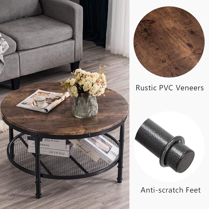 VINGLI Round Coffee Table with Storage - 31.5" Rustic Farmhouse Design, Industrial Style with Metal Shelf
