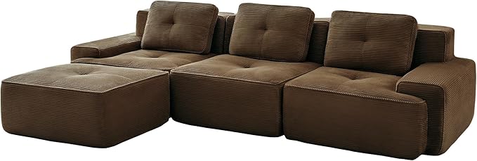 Casaphoria 115'' Boneless Sofa with Ottoman, 3-Seater Modular Couch with 3 Pillows for Living Room, L Shape Cloud Sectional Sofa, No Assembly, Brown