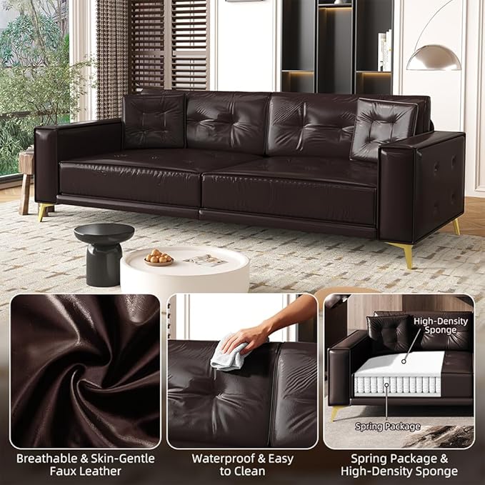 92" 3-in-1 Faux Leather Convertible Sleeper, King Size Pull Out Sofa Bed, 4-Seater Mid Century Modern Tufted Couch with 2 Pillows for Living Room, Apartment, Office (Espresso/Dark Brown) | Leather Sofa Bed, King Pull Out Sofa, Tufted Couch