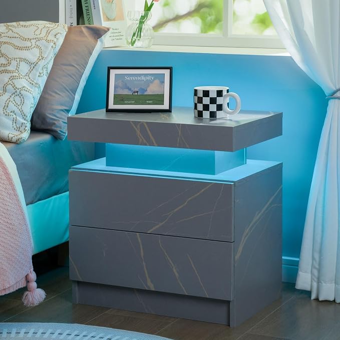 i-aplus Grey Night Stand with 2 Drawers LED Nightstands Bedroom Night Stand for Bedroom, Living Room by Unknown