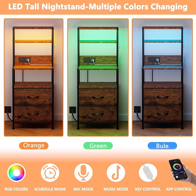 Furnulem Nightstands Set of 2, Tall Night Stand Set with Charger Station, 2 Fabric Drawers and Led Lights, Bedside End Table with 4-Tier Shelves, Bed Side Tables for Bedroom, Office, Rustic Brown - Image 5
