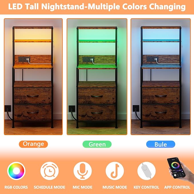 Furnulem Night Stand, Tall Nightstand with 4-Tier Shelves, 2 Fabric Drawers and LED Lights, Bed Side Tables with Charging Station, Bedside Table for Bedroom, Office, Rustic Brown - Image 5
