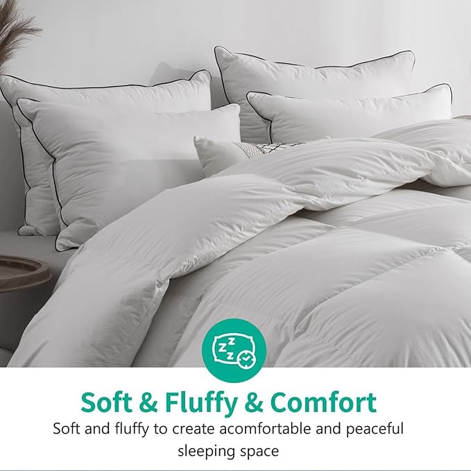 APSMILE Organic Full Size Feathers Down Comforter - All Seasons 100% Cotton Quilted Duvet Insert, Medium Warm Bed Comforter with Corner Tabs (82x86 Inch, Ivory White)