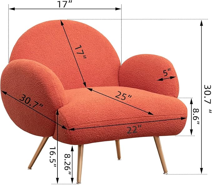 Orange Accent Sherpa Chair, Comfy Boucle Chair for Reading Bedroom Living Room with Golden Metal Legs Teddy Tufted Backrest Sofa Armchair Side Chair
