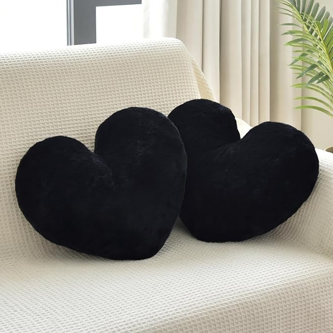 2 Pcs Black Heart Pillow Decorative Throw Pillows 16-inch Cute Soft Fluffy Heart Shaped Pillows for Bed Couch Sofa Bedroom Living Room Decor Aesthetic (Black, 16"x13.78")