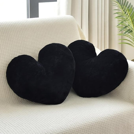 2 Pcs Black Heart Pillow Decorative Throw Pillows 16-inch Cute Soft Fluffy Heart Shaped Pillows for Bed Couch Sofa Bedroom Living Room Decor Aesthetic (Black, 16"x13.78")