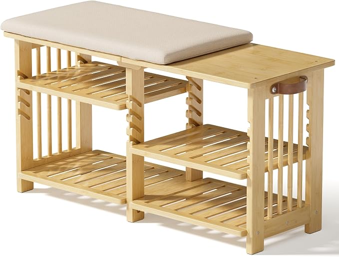 Amazer Bamboo Shoe Rack Bench, 3-Tier Shoe Bench Height Adjustable, Entry Bench with Side Storage Strap, Shoes Organizer Storage Bench, Shoe Shelf with Seat Cushion for Entryway, Living Room, Hallway - Image 9