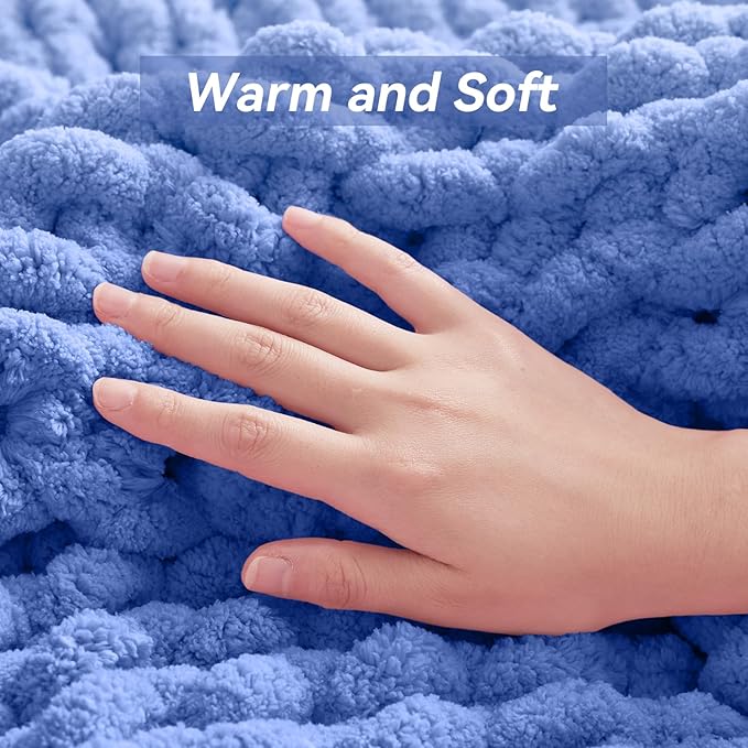 Negwoo Chunky Knit Throw Blanket, 60''*80'' Knitted Throw Chenille Yarn for Bed Couch, Handmade Light Blue Crochet Big Thick Blanket, Machine Washable Cute Comfy Blanket for Home Decor