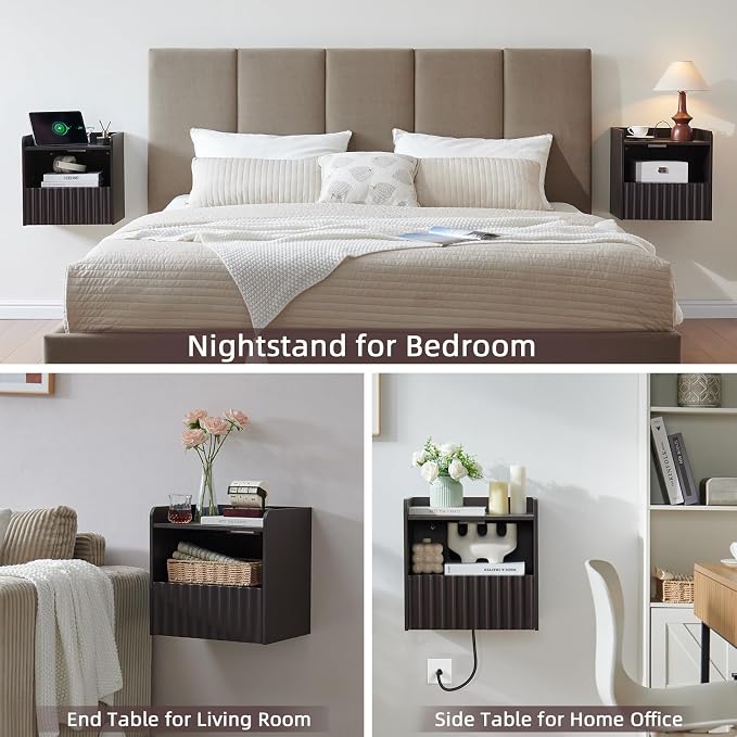 BuildHom Modern Fluted Floating Nightstand Wall Mounted Set of 2- Bedside Table with Storage Drawer & Display Shelf, Minimalist Bedroom Furniture for Studio Apartments(Espresso) - Image 6