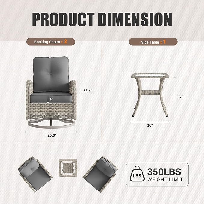 Patio Rocking Swivel Chair Outdoor Wicker Rattan Bistro Set with Tempered Glass Table, Outdoor Patio Furniture Set for Garden, Deck and Balcony, Light Grey