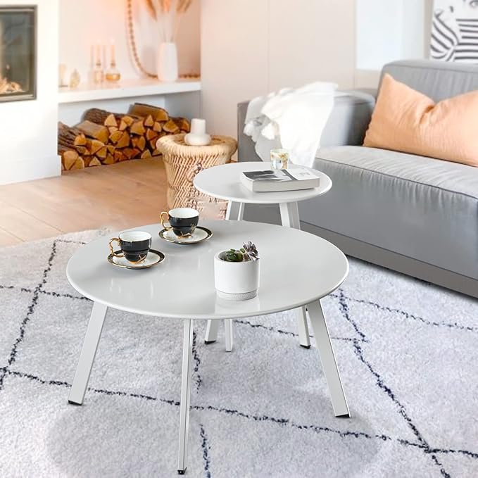 Meluvici Outdoor Patio Coffee Table Set of 2, Weather Resistant End Table, Round Nesting Tables for Living Room Balcony Office, White - Image 8