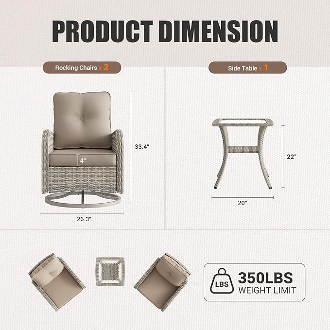 Patio Rocking Swivel Chair Outdoor Wicker Rattan Bistro Set with Tempered Glass Side Table, Outdoor Patio Furniture Set for Garden, Deck, and Balcony, Beige
