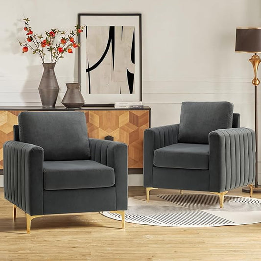 HULALA HOME Velvet Accent Club Chairs Set of 2, Modern Velvet Armchair Upholstered Accent Club Chairs Sofa Chairs with Gold Metal Legs Mid-Century Barrel Leisure Comfy Reading Armchair, Grey