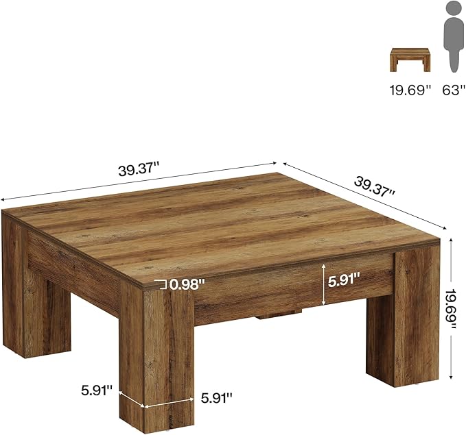 Tribesigns Farmhouse Square Coffee Table, 39-Inch Wooden Coffee Table with Sturdy Legs, Rustic Accent Center Table for Living Room, Easy Assembly, Rustic Brown