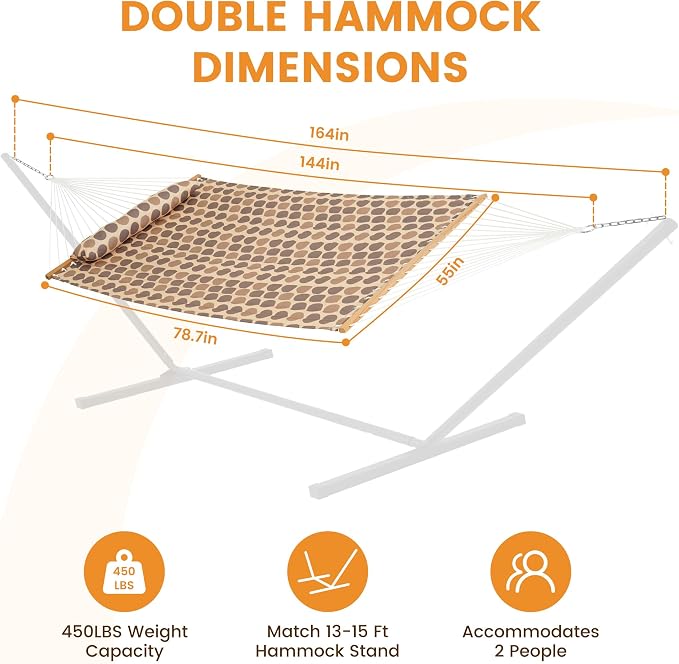 Lazy Daze Hammocks 12FT Quilted Fabric Hammock with Soft Pillow, Double 2 Person Tree Hammock with Spreader Bar for Outside Patio Poolside Backyard Beach, 450 lbs Capacity, Amber Dots - Image 2