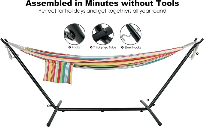 Gafete Double Hammock with Stand for Outside, Upgraded Spreader Bar, Heavy Duty Space Saving Steel Stand 2 Person, Side Pockets, Easy Assembly, 600lbs Weight Capacity, Indoor & Outdoor (Salsa Orange) - Image 6