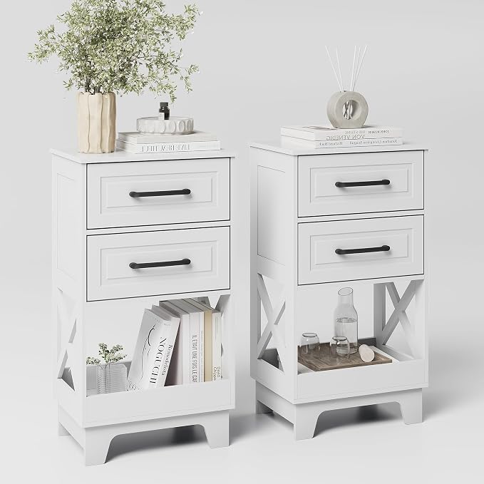 Tall Nightstand Set of 2 Side Table with 2 Drawers Modern Night Stand Wooden End Table Bedside Table with Below Open Shelf Solid Feet for Bedroom White by ZYKZYKHOME