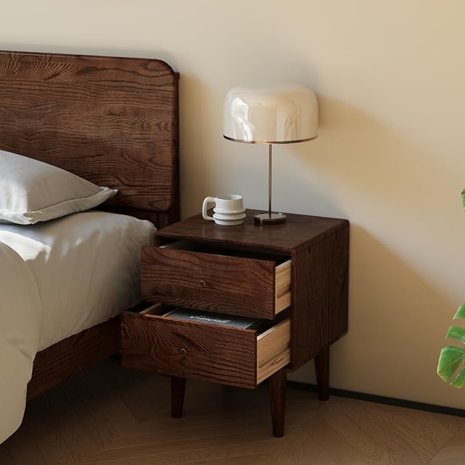 100% Solid Oak Wood Night Stand Set 2, Walnut Nightstand with 2 Drawers, Mid Century Modern Nightstands, Small Bedside Table for Bedroom(19.69" H) - Image 5