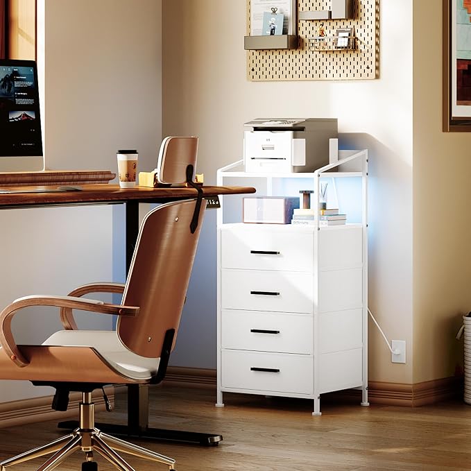 Nightstand 4 Drawer Dresser with LED Lights and Charging Station, Vertical Side Table with Fabric Drawers, End Table with Open Shelf, Tall Dresser for Bedroom, Hallway, Entryway, White - Image 8