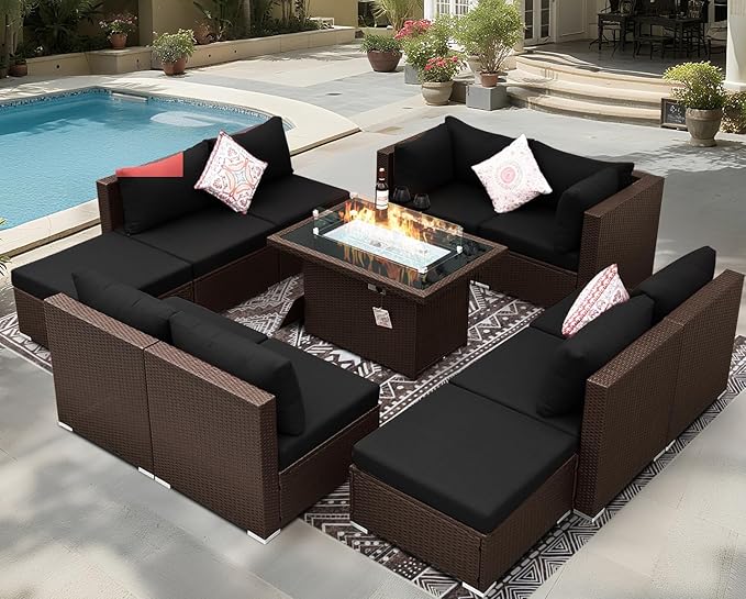 BULEXYARD 11 Piece High Back Outdoor Furniture Set with Firepit, Cozy Patio Conversation Set with Ottoman Modular, Extra Wide Deep 10-Seats Sectional Couch Sofa for Yard, Brown Rattan & Black Cushion