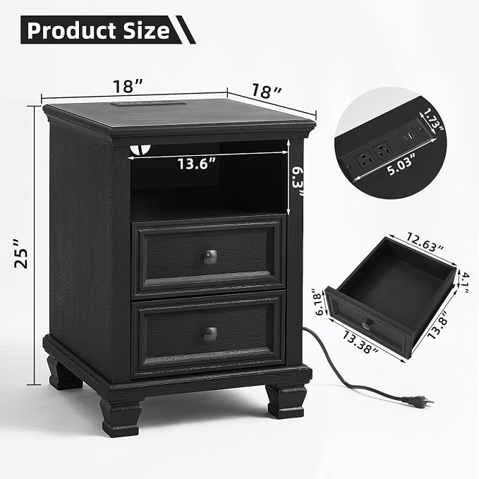 SAVOR LIFE Farmhouse Nightstand Set of 2 with Charging Station, Rustic Black Nightstand with Drawers, Bedside Table with Open Shelf for Bedroom, Black - Image 3